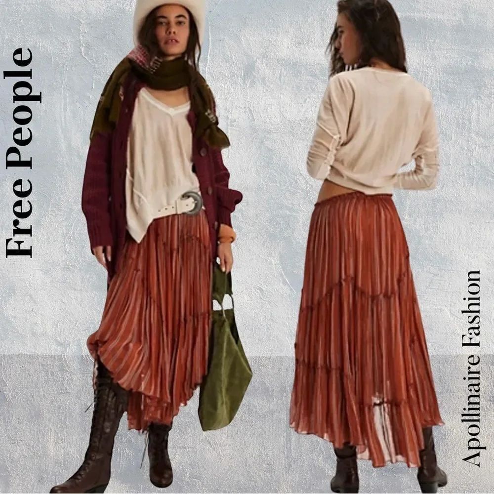 Free People Ember Terracotta Pleated Maxi Skirt Size SP New